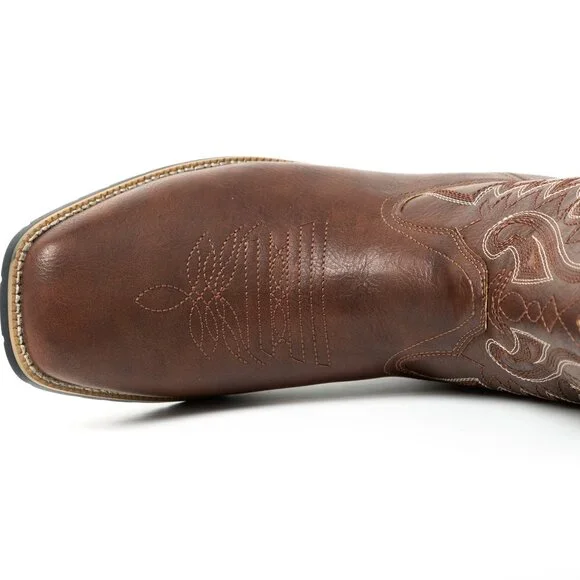 Dark Brown Men's Cowboy Western Embroidered Square Toe Boots - Picture 6 of 7